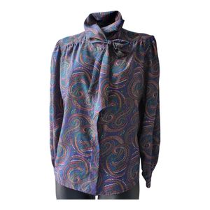 Vintage Laura & Jayne Petite 10 Paisley Blouse Silk Feel Boho Tie Neck Top